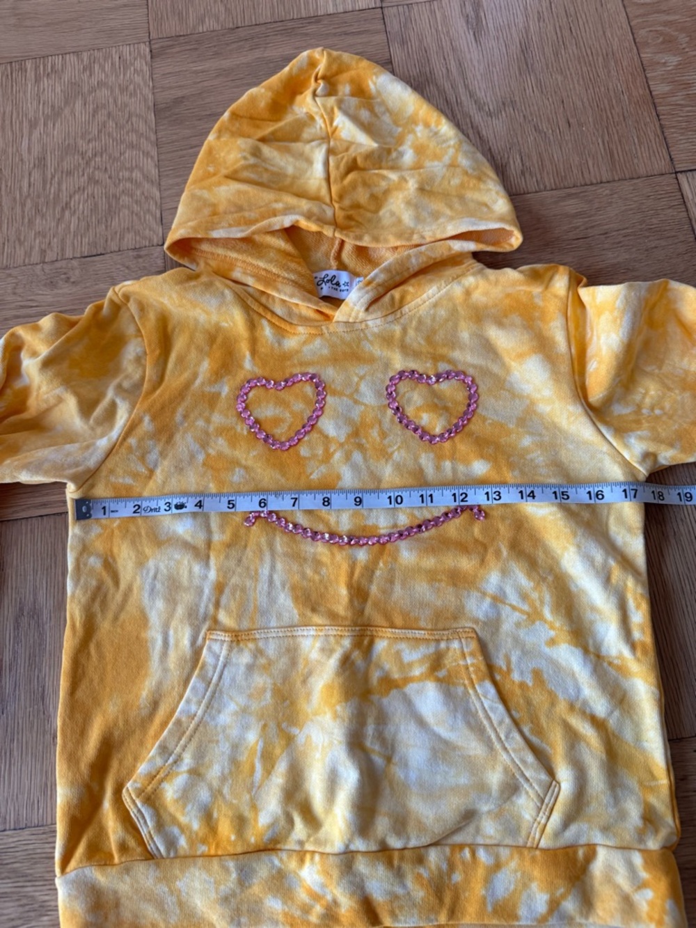 Lola + The Boys Tie Dye Yellow Hoodie Smile Face Gems Pink Hearts Front Pocket - Picture 6 of 7